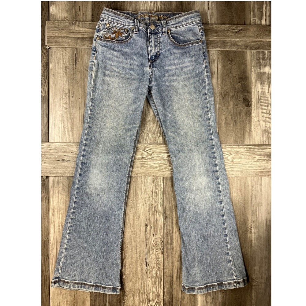 Mudd Girls Blue Flare Jeans Floral Embroidered Low Rise Light Wash Size 14